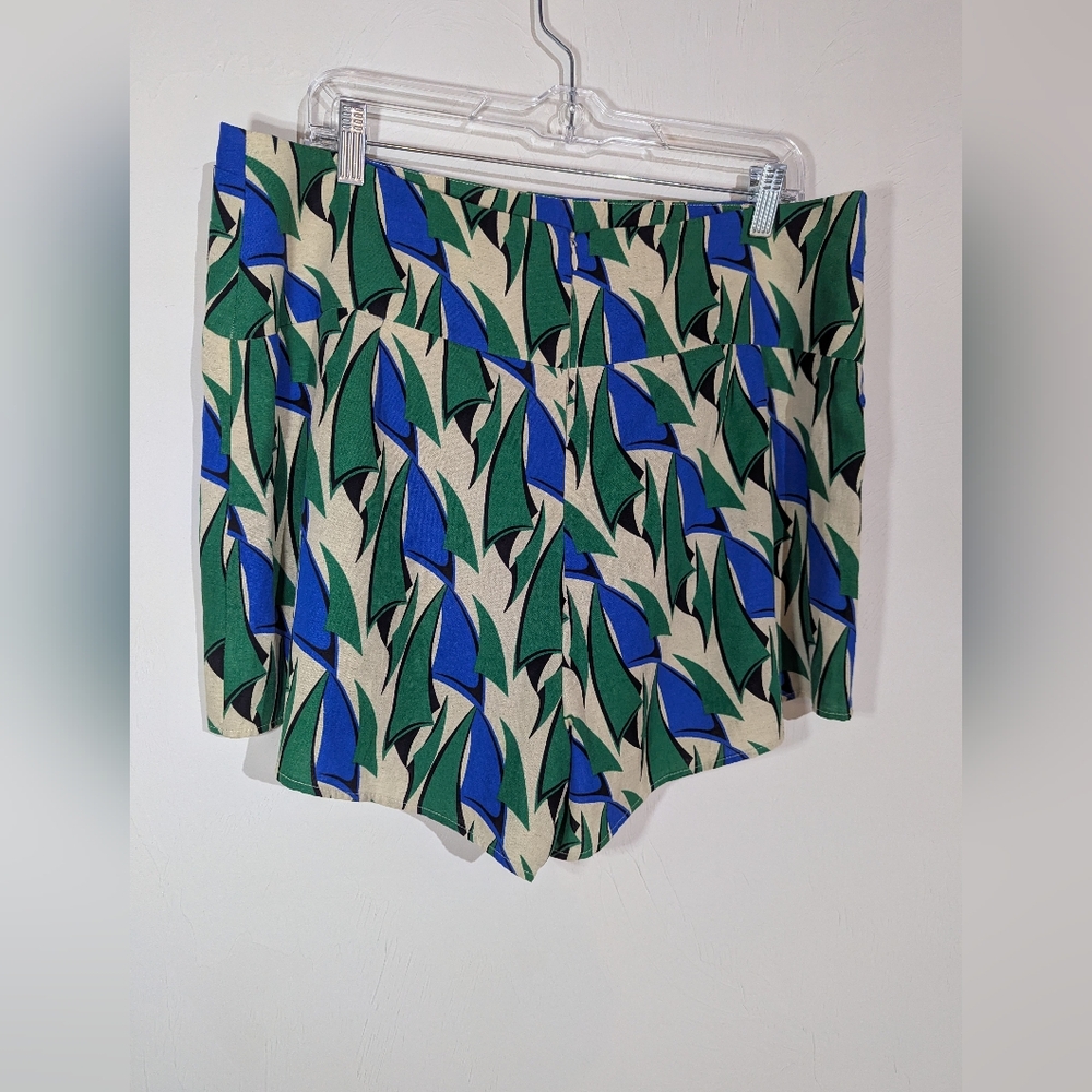 ZARA Regatta Tan Blue Green Printed Zipper Back Linen Blend Shorts Size XXL NWOT - Picture 5 of 14